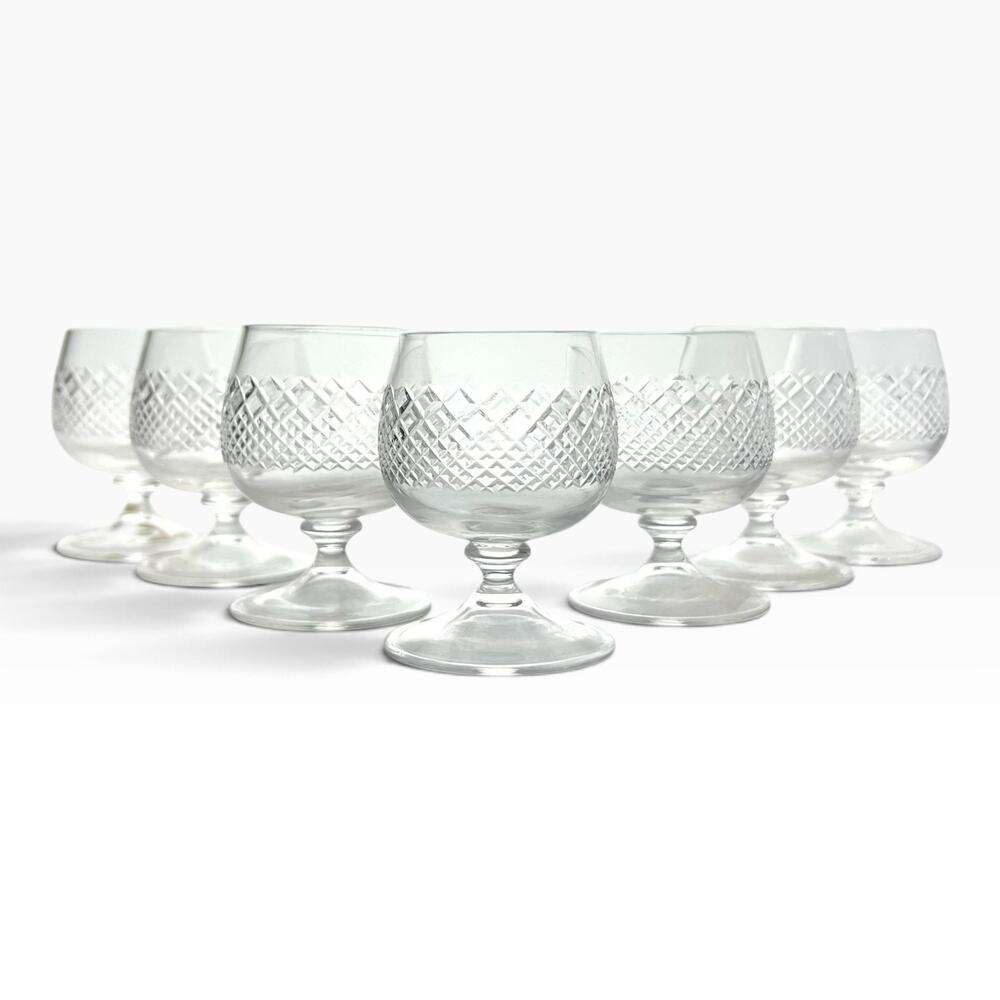 1950s Vintage Mid-century 7 Mini Brandy Snifter Cognac Glasses, Criss-Cross Cuts